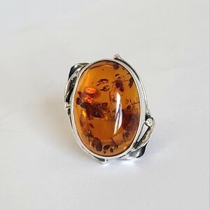 Vintage Boho Western Huge Chunky Sterling Silver Amber Oval Cabochon Ring